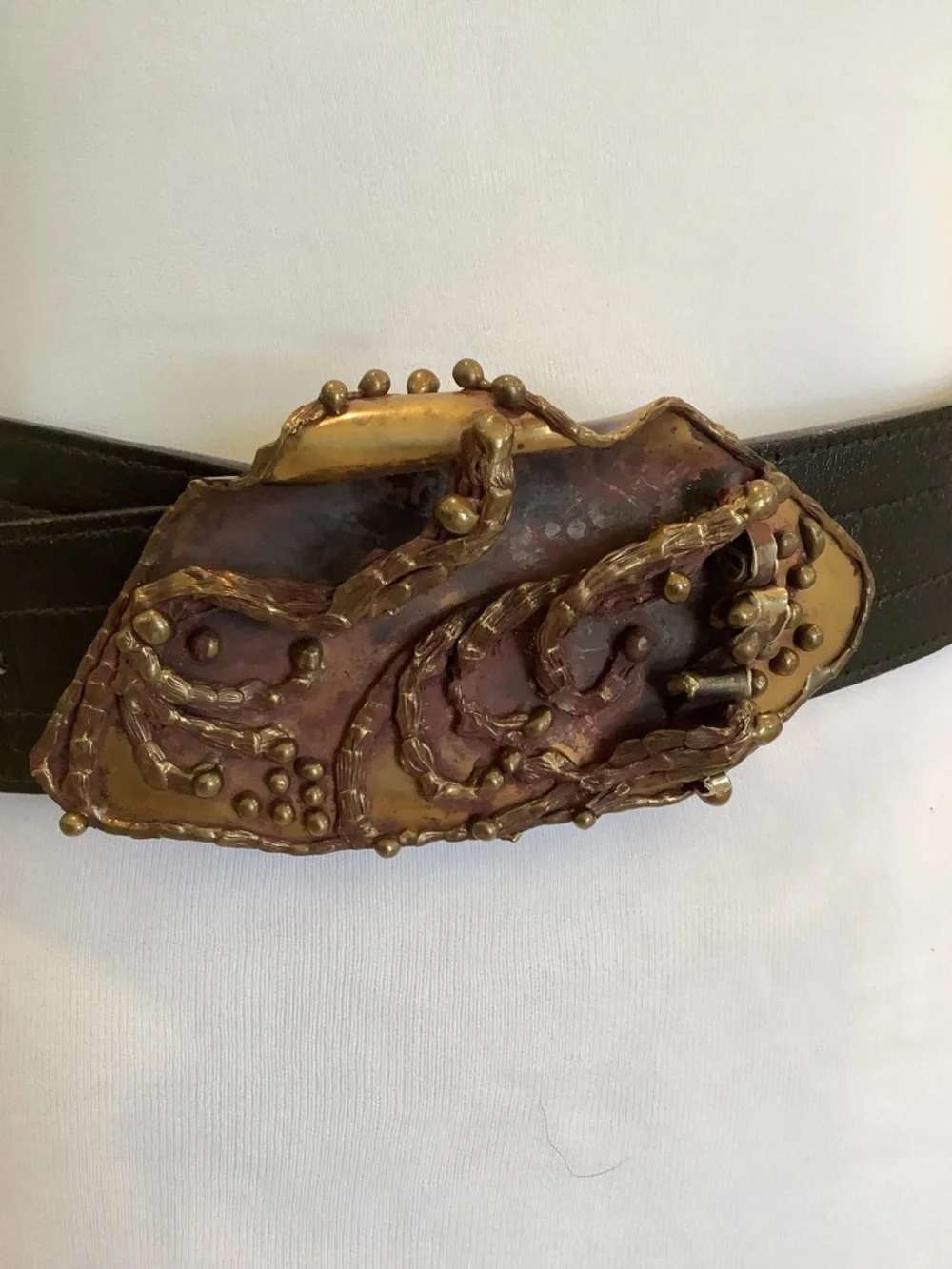 Wide Black Leather Belt with Ornate Brass-Tone Sculpted Brutalist Buckle